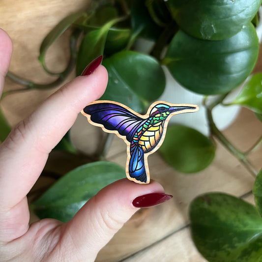 Stained Glass Style Hummingbird Wooden Lapel Pin