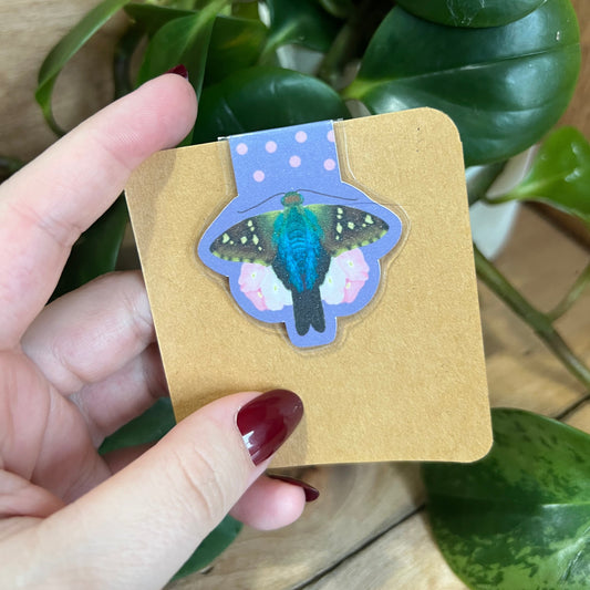 Blue Moth and Pink Flowers Magnetic Bookmark