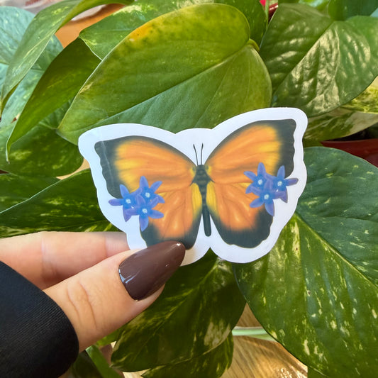 Orange Butterfly Sticker with Purple Flowers